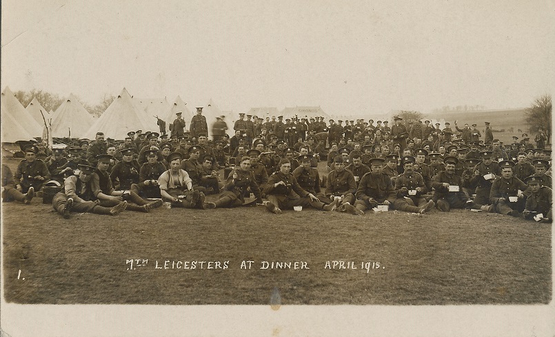 Postcard of te 7th Leicesters at Dinner 1915