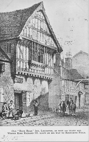 Black and White drawing of the Old Blue Boar Inn in Leicester