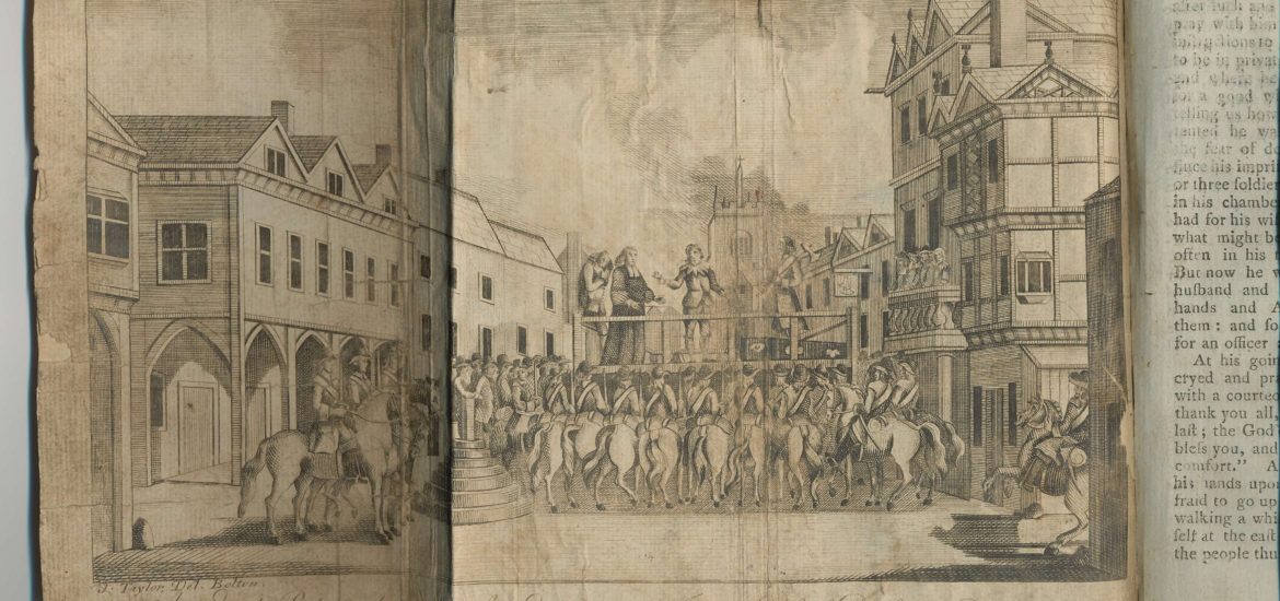 Black and white depiction of execution of the earl of Derby