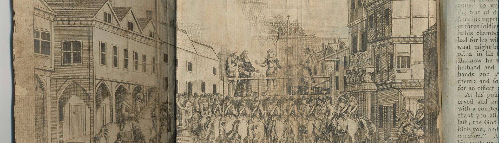 Black and white depiction of execution of the earl of Derby