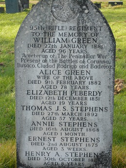 Headstoone of William Green, veteran of the Peninsula War, Welford Road Cemetery, Leicester.